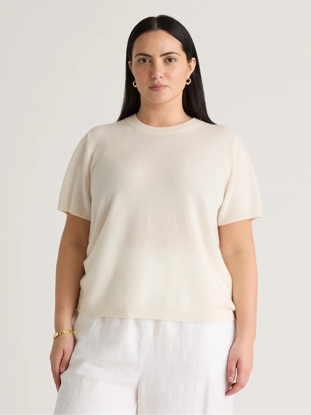 Quince Mongolian Cashmere Classic Short-Sleeve Knit Tee in Cream 2X